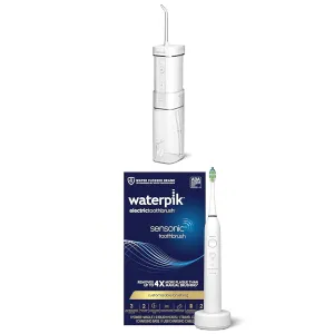 Bundle of White Waterpik Cordless Slide Professional Water Flosser   Waterpik Sensonic Electric Toothbrush, Rechargeable Toothbrush for Adults
