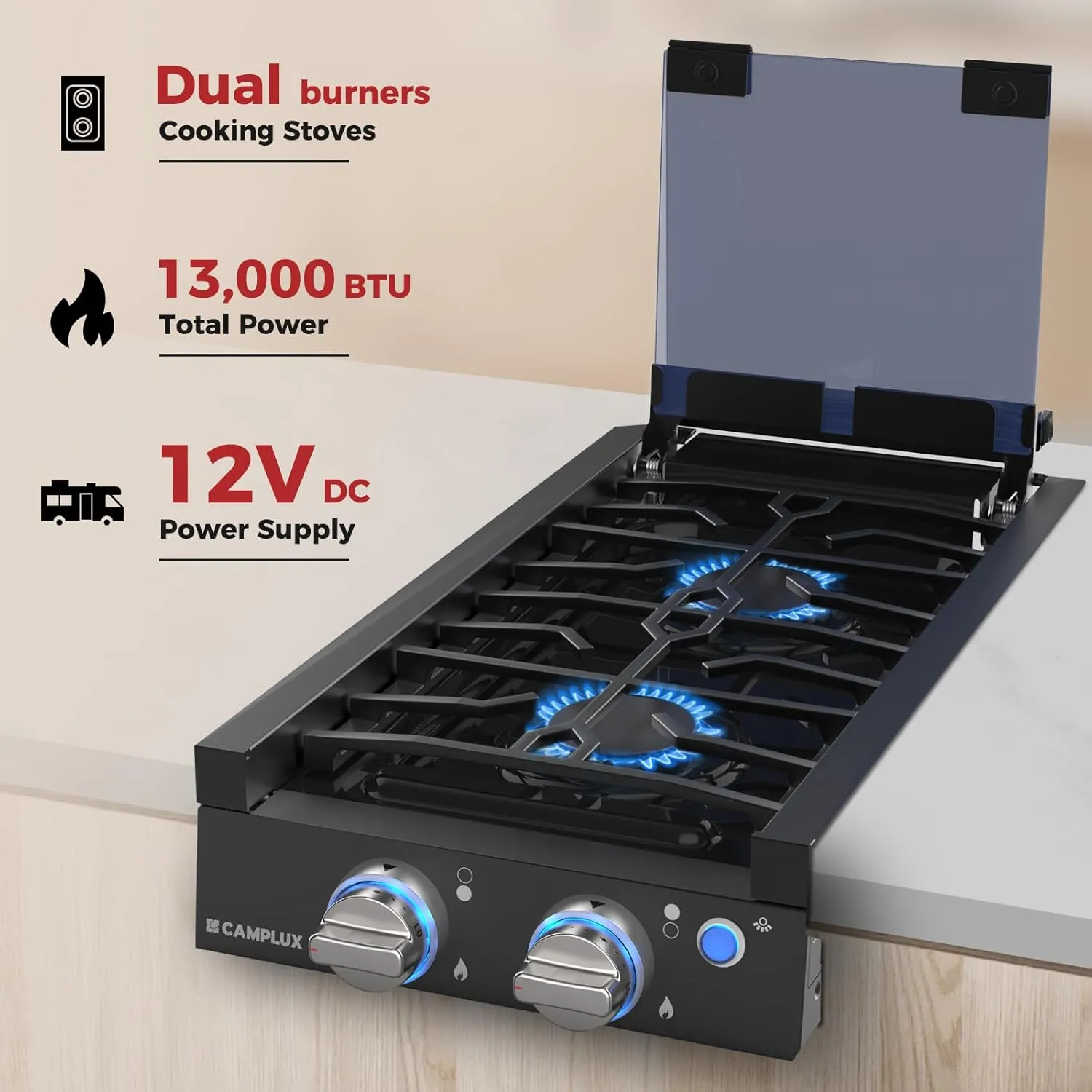 CAMPLUX Classic RV Cooktop 2 Burners Slide-in, Propane Cooktop Stove with Tempered Glass Cover, 12 Inches Propane Rangetop with Blue Indicator Light, 13,000BTU, Black RGH12IB