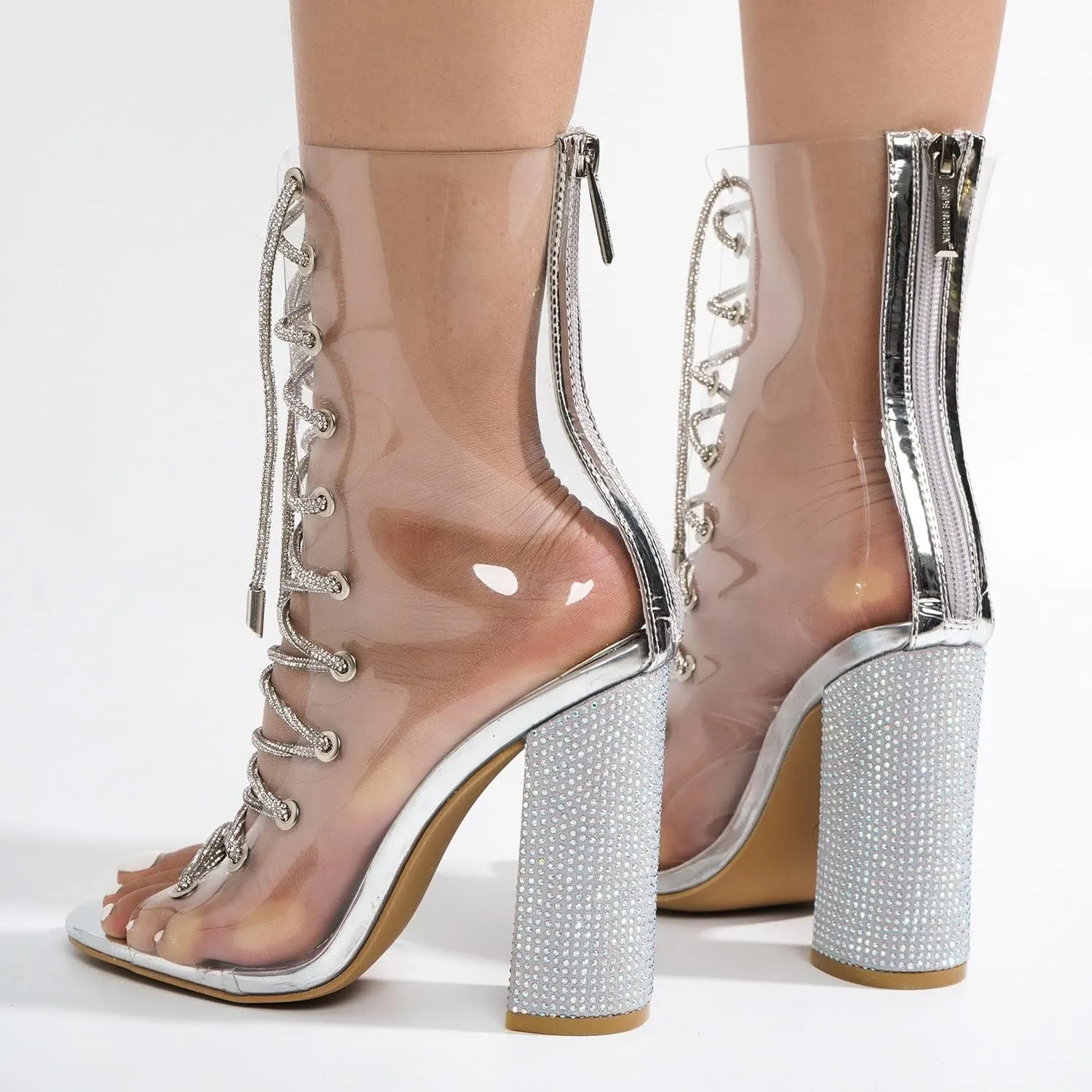 Cape Robbin Lookey Clear Lace Up Rhinestone Ankle Boots (Lookey)