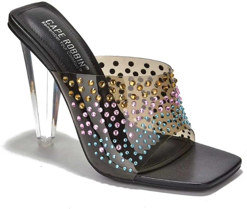 Cape Robbin Women's Slip on Square Toe Rhinestone Clear High Heel Sandals