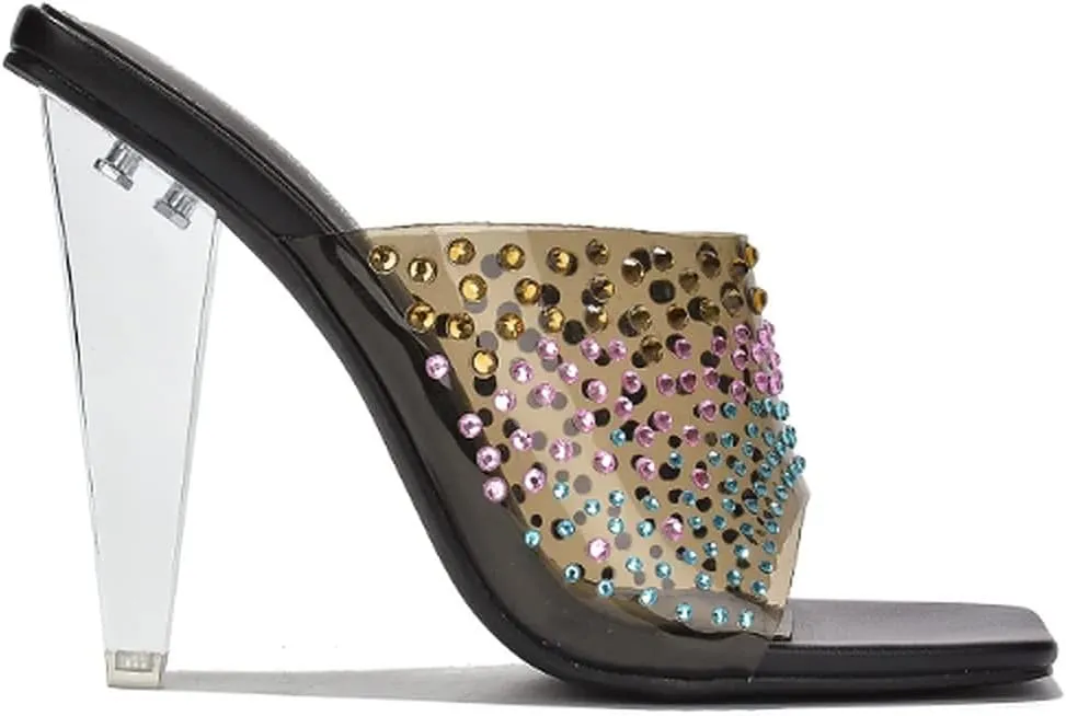 Cape Robbin Women's Slip on Square Toe Rhinestone Clear High Heel Sandals