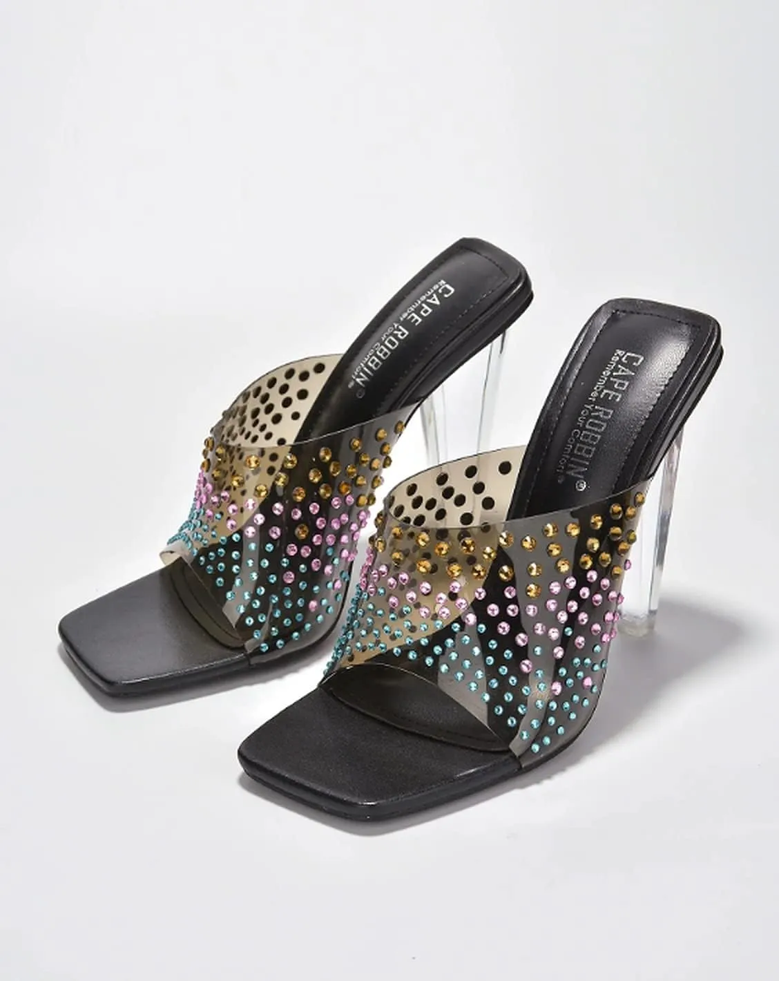Cape Robbin Women's Slip on Square Toe Rhinestone Clear High Heel Sandals