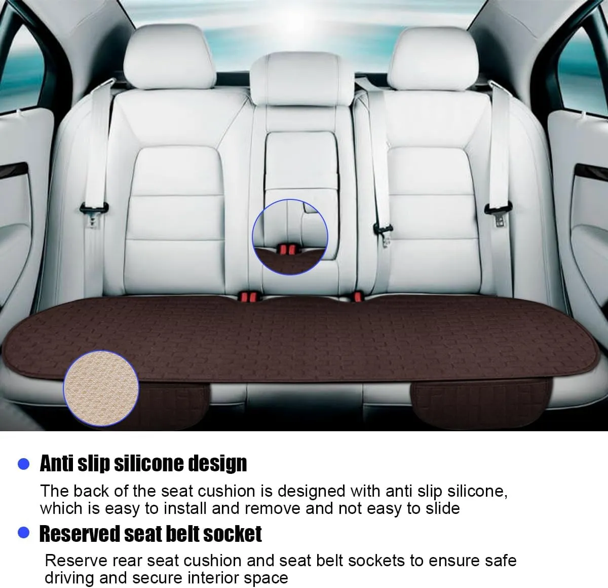 Car Back Seat Cover, Anti-Slip Long Vehicle Rear Bench Protectors with Storage Pocket, Breathable Comfortable Auto Interior Seating Bottom Protection Accessories, Universal Fit (Coffee)