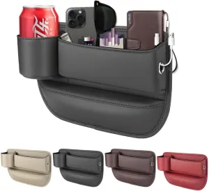 Car Leather Cup Holder Gap Bag, Car Seat Organizer, 2025 Universal Seat Gap Storage Box with Cup Holder for Glasses Phones Keys Cards (Black, Driver's Seat)
