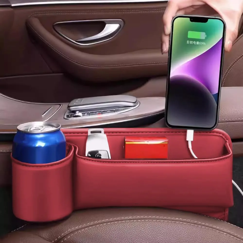 Car Leather Cup Holder Gap Bag, Car Seat Organizer, 2025 Universal Seat Gap Storage Box with Cup Holder for Glasses Phones Keys Cards (Black, Driver's Seat)