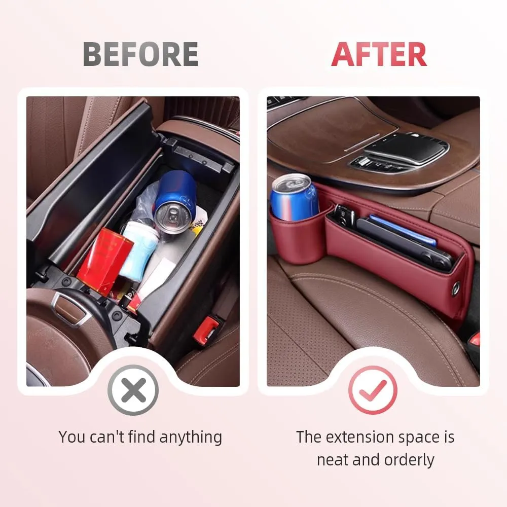 Car Leather Cup Holder Gap Bag, Car Seat Organizer, 2025 Universal Seat Gap Storage Box with Cup Holder for Glasses Phones Keys Cards (Black, Driver's Seat)
