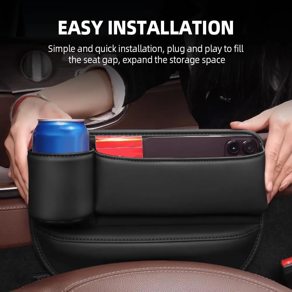Car Leather Cup Holder Gap Bag, Car Seat Organizer, 2025 Universal Seat Gap Storage Box with Cup Holder for Glasses Phones Keys Cards (Black, Driver's Seat)