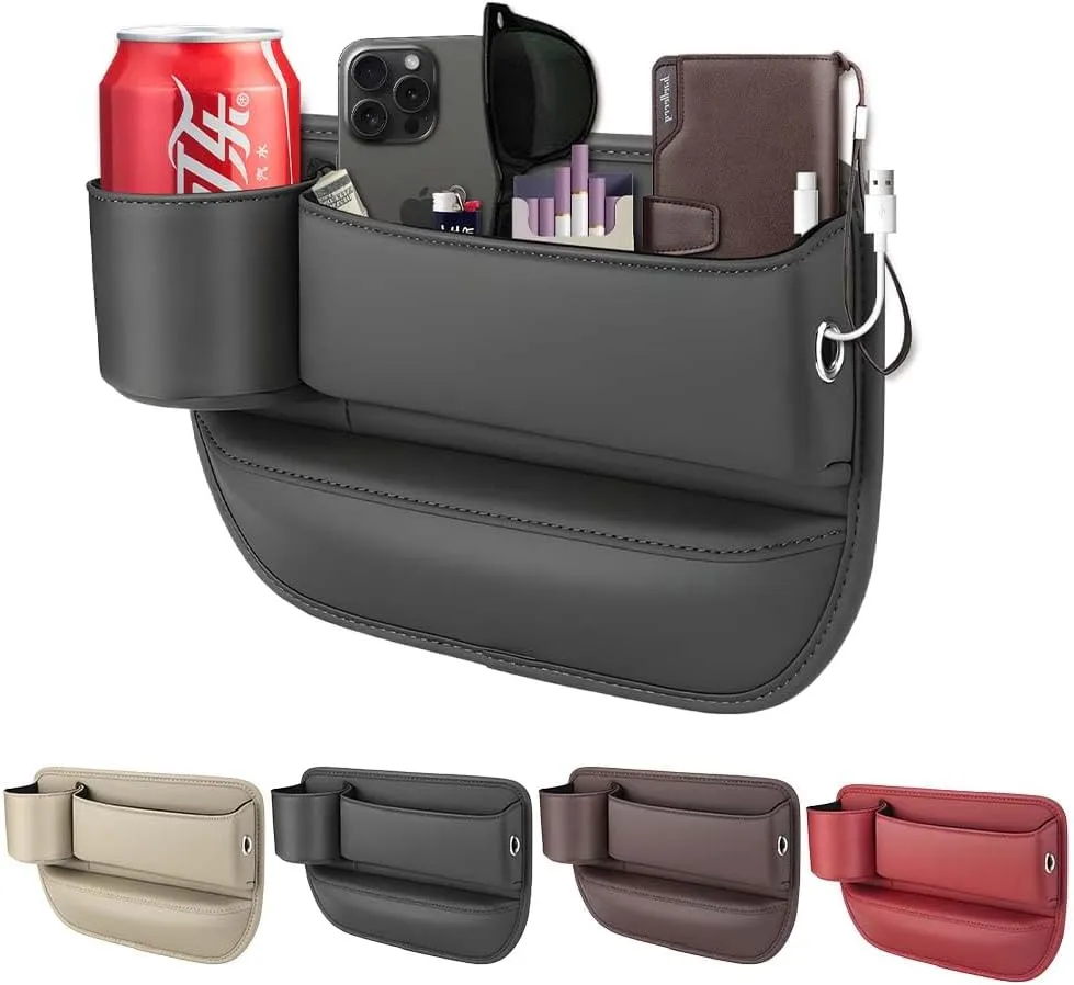 Car Leather Cup Holder Gap Bag, Car Seat Organizer, 2025 Universal Seat Gap Storage Box with Cup Holder for Glasses Phones Keys Cards (Black, Driver's Seat)