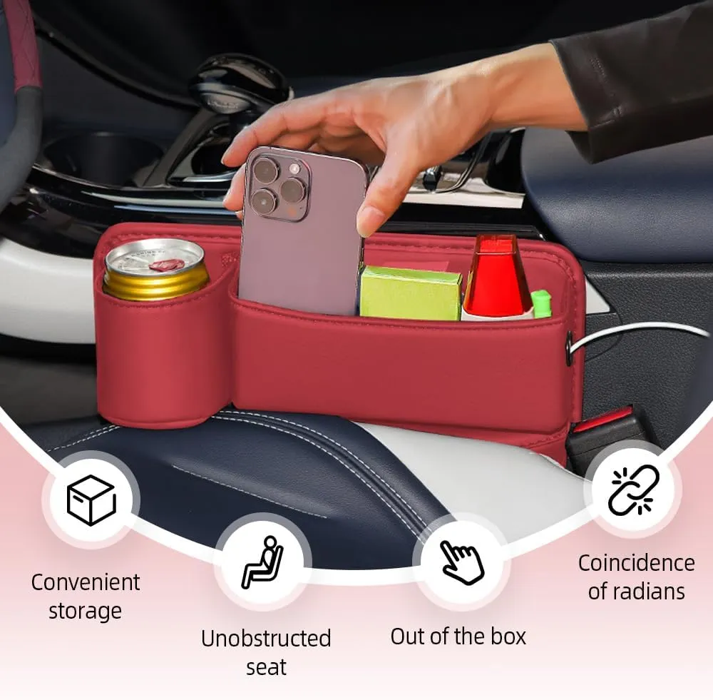 Car Leather Cup Holder Gap Bag, Car Seat Organizer, 2025 Universal Seat Gap Storage Box with Cup Holder for Glasses Phones Keys Cards (Black, Driver's Seat)