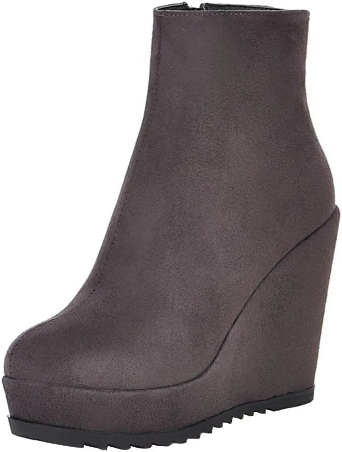 Caradise Womens Platform Wedge Zip Ankle Boots Round Toe High Heeled Autumn Winter Booties