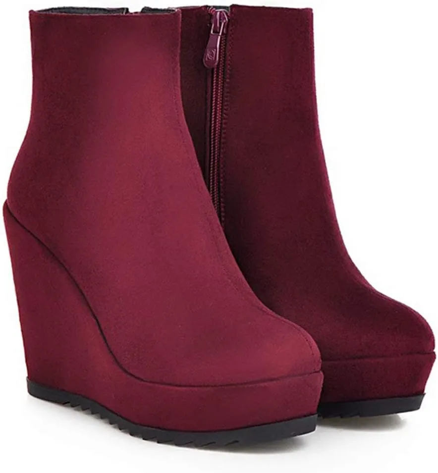 Caradise Womens Platform Wedge Zip Ankle Boots Round Toe High Heeled Autumn Winter Booties