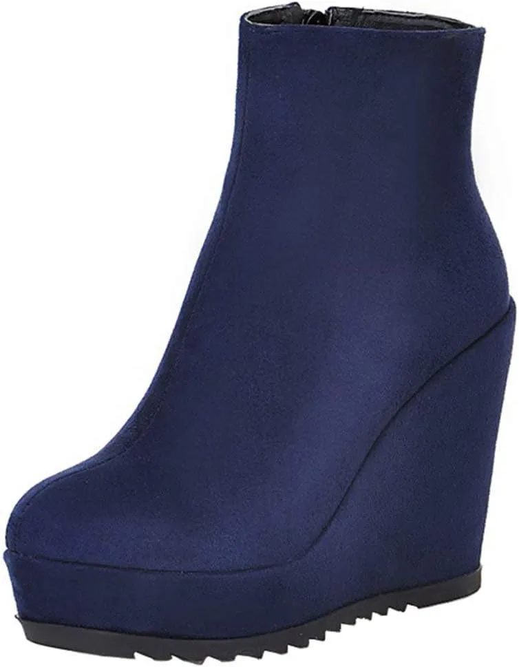 Caradise Womens Platform Wedge Zip Ankle Boots Round Toe High Heeled Autumn Winter Booties