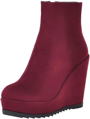 Caradise Womens Platform Wedge Zip Ankle Boots Round Toe High Heeled Autumn Winter Booties