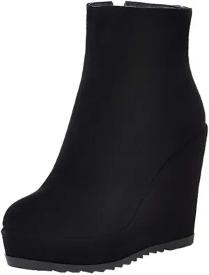 Caradise Womens Platform Wedge Zip Ankle Boots Round Toe High Heeled Autumn Winter Booties