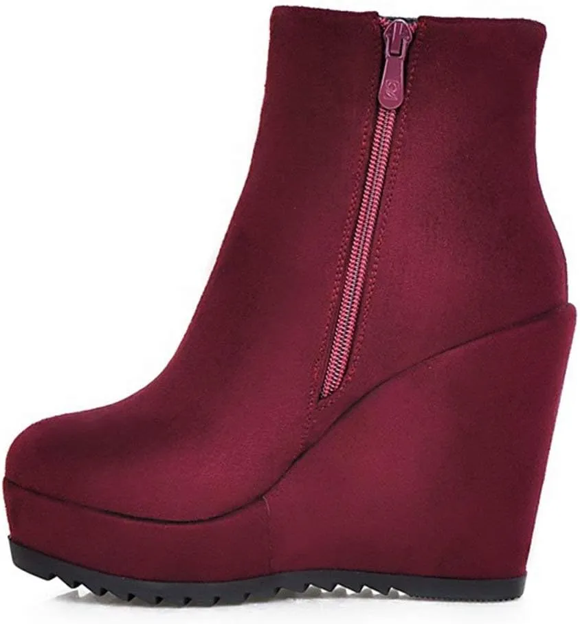 Caradise Womens Platform Wedge Zip Ankle Boots Round Toe High Heeled Autumn Winter Booties