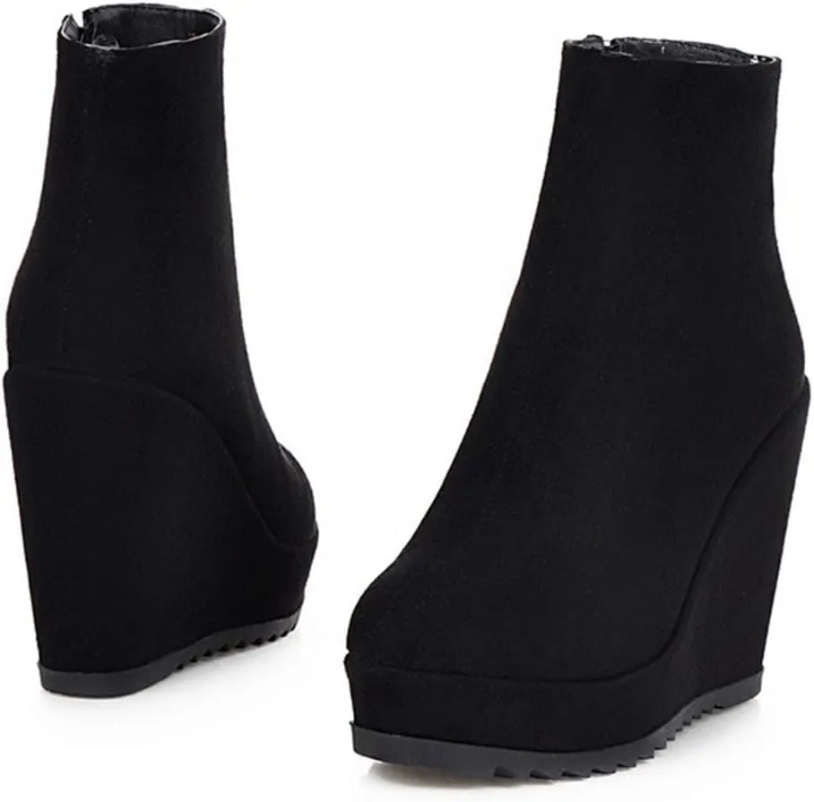 Caradise Womens Platform Wedge Zip Ankle Boots Round Toe High Heeled Autumn Winter Booties