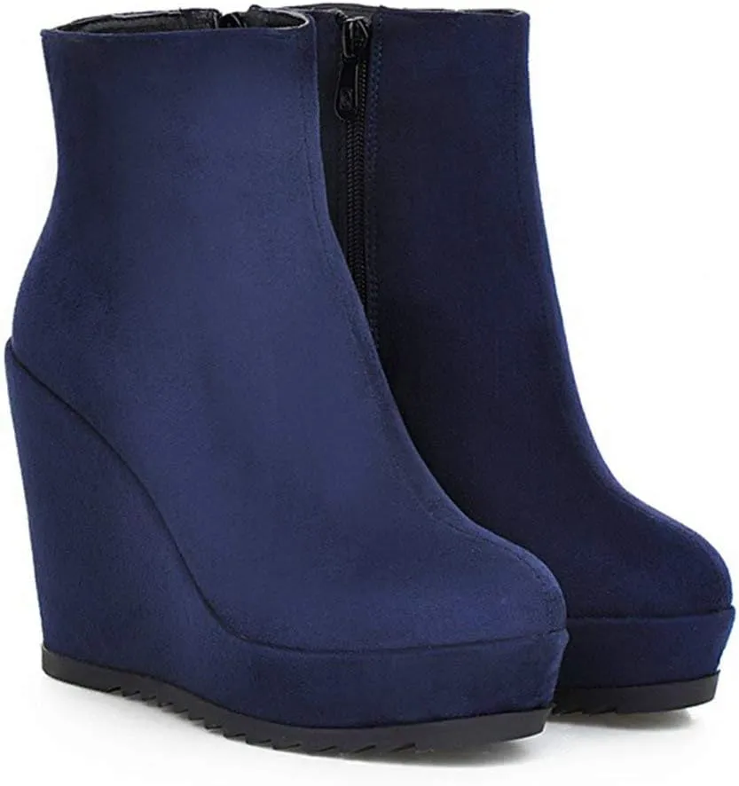 Caradise Womens Platform Wedge Zip Ankle Boots Round Toe High Heeled Autumn Winter Booties