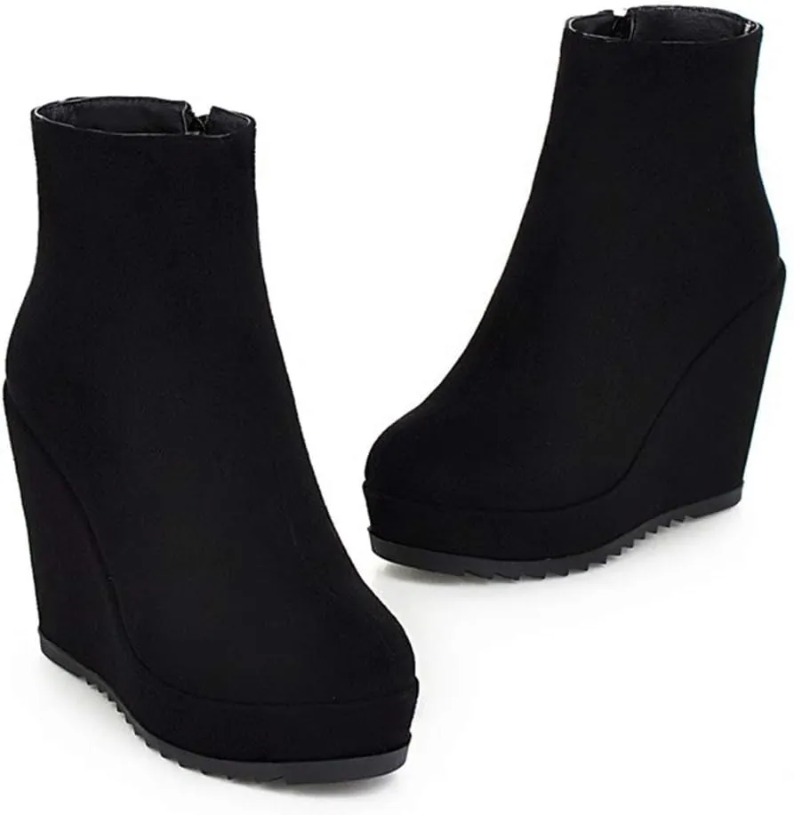 Caradise Womens Platform Wedge Zip Ankle Boots Round Toe High Heeled Autumn Winter Booties