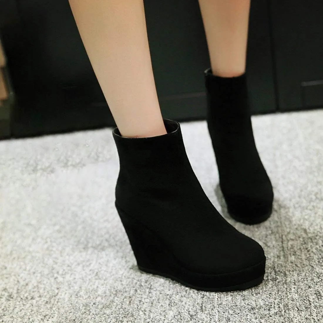 Caradise Womens Platform Wedge Zip Ankle Boots Round Toe High Heeled Autumn Winter Booties