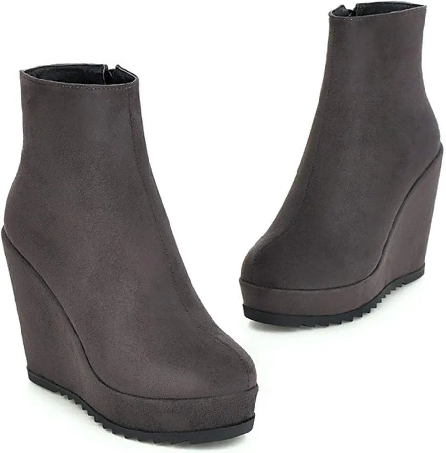 Caradise Womens Platform Wedge Zip Ankle Boots Round Toe High Heeled Autumn Winter Booties