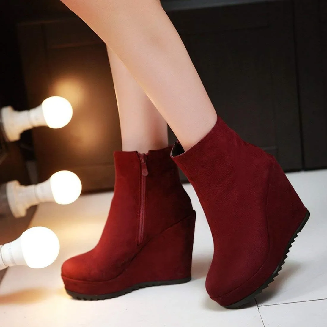 Caradise Womens Platform Wedge Zip Ankle Boots Round Toe High Heeled Autumn Winter Booties