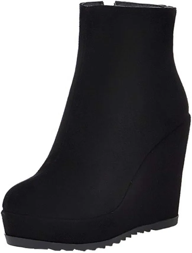 Caradise Womens Platform Wedge Zip Ankle Boots Round Toe High Heeled Autumn Winter Booties