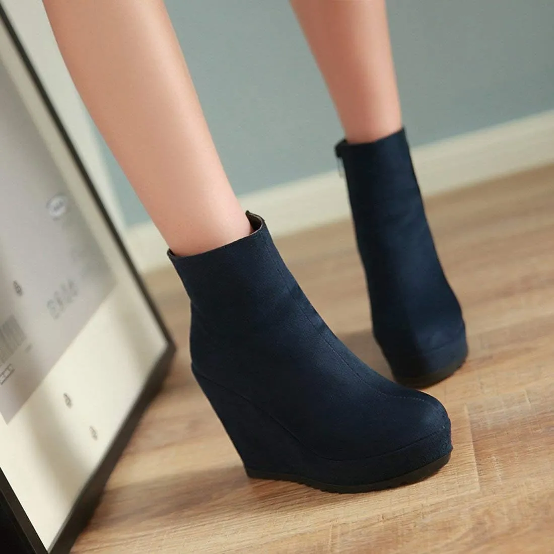 Caradise Womens Platform Wedge Zip Ankle Boots Round Toe High Heeled Autumn Winter Booties