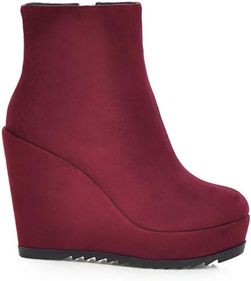 Caradise Womens Platform Wedge Zip Ankle Boots Round Toe High Heeled Autumn Winter Booties