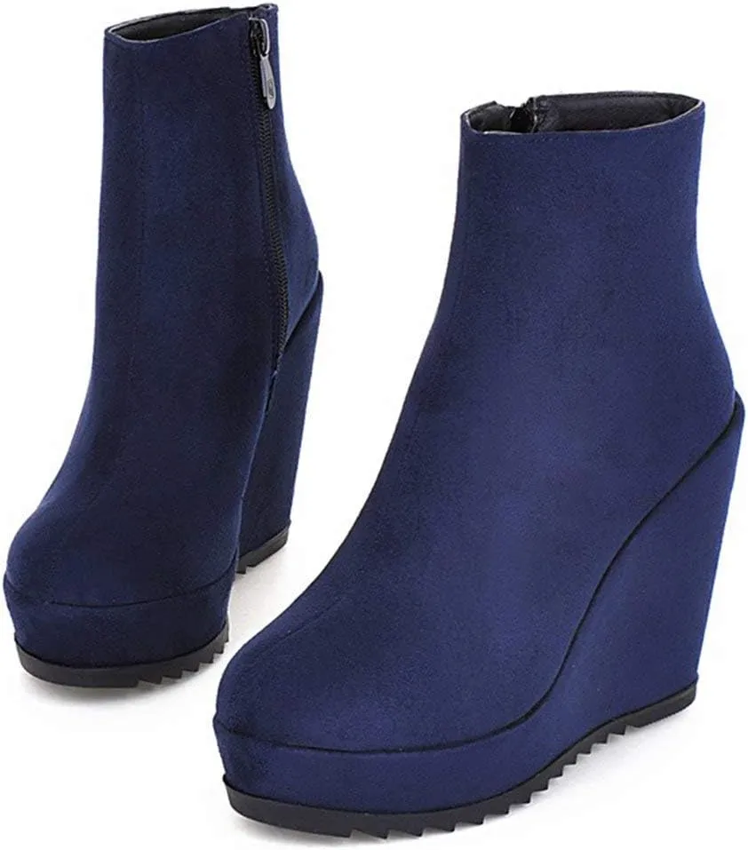 Caradise Womens Platform Wedge Zip Ankle Boots Round Toe High Heeled Autumn Winter Booties