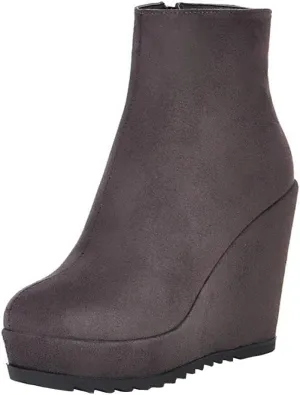 Caradise Womens Platform Wedge Zip Ankle Boots Round Toe High Heeled Autumn Winter Booties