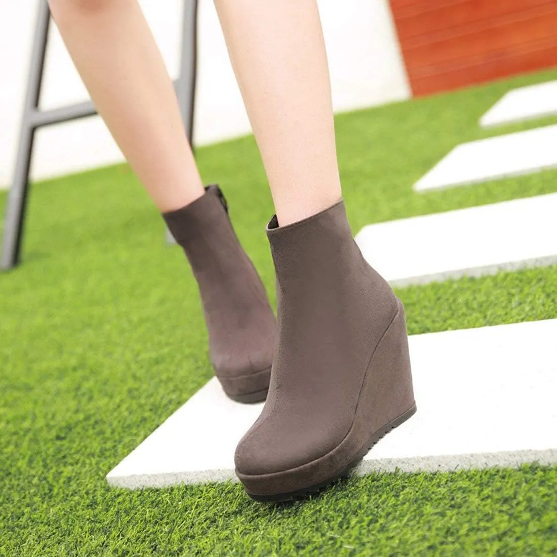 Caradise Womens Platform Wedge Zip Ankle Boots Round Toe High Heeled Autumn Winter Booties