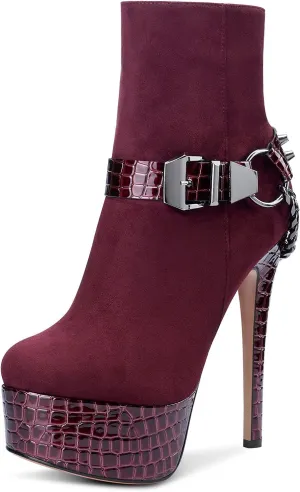 Castamere Womens High Heel Platform Ankle Boot Stiletto Heels Rivet Dress Boots with Zipper Round Toe 6 Inch Heels