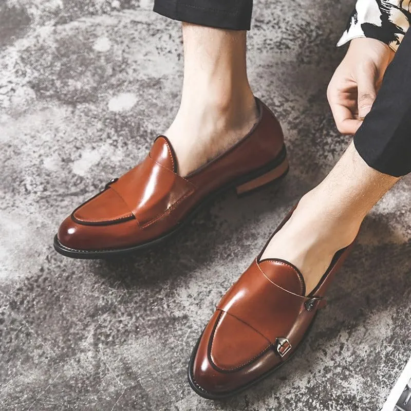 Casual Dress Loafer Slip On Shock Absorption Shoes for Men Classic Dress Breathable Lining Shoes for Mens Men's Buckle Monk Rubber Soft Sole Shoes