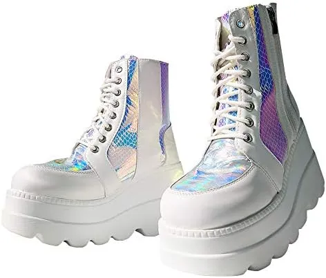 CELNEPHO Chunky Platform Boots for Women, Square Toe Lace up Zip High Heel Combat Wedge Ankle Boots