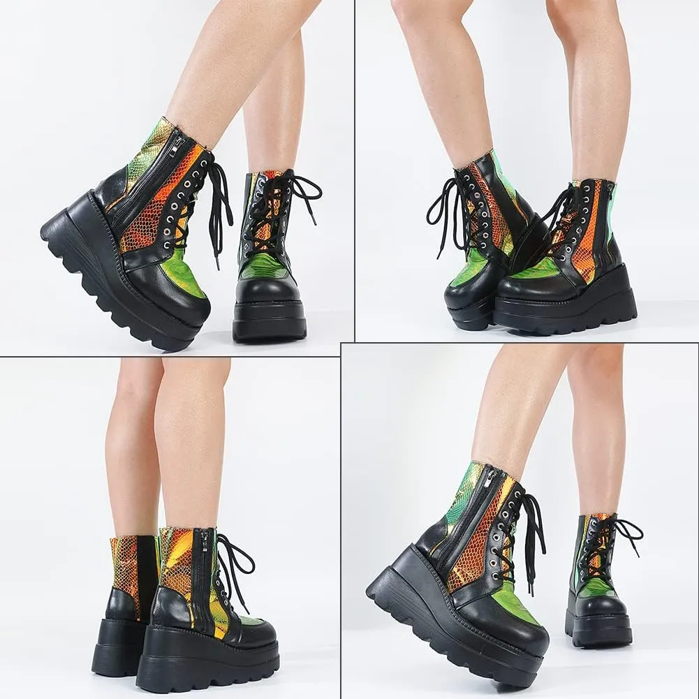 CELNEPHO Chunky Platform Boots for Women, Square Toe Lace up Zip High Heel Combat Wedge Ankle Boots