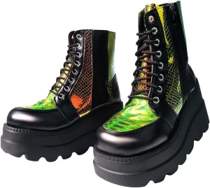 CELNEPHO Chunky Platform Boots for Women, Square Toe Lace up Zip High Heel Combat Wedge Ankle Boots