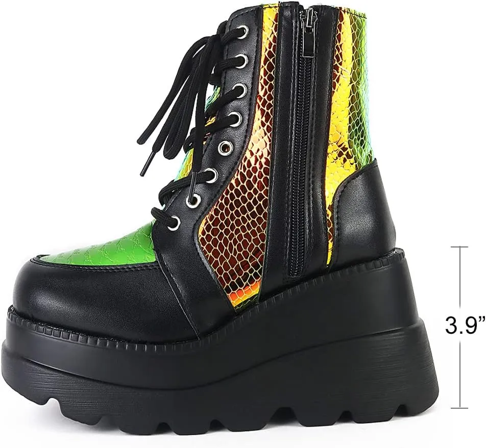 CELNEPHO Chunky Platform Boots for Women, Square Toe Lace up Zip High Heel Combat Wedge Ankle Boots