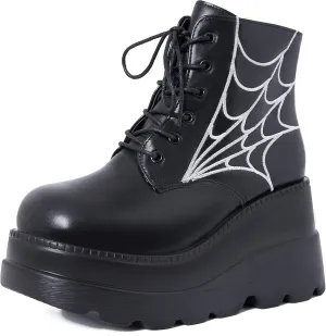 CELNEPHO Chunky Platform Boots for Women, Square Toe Lace up Zip High Heel Combat Wedge Ankle Boots