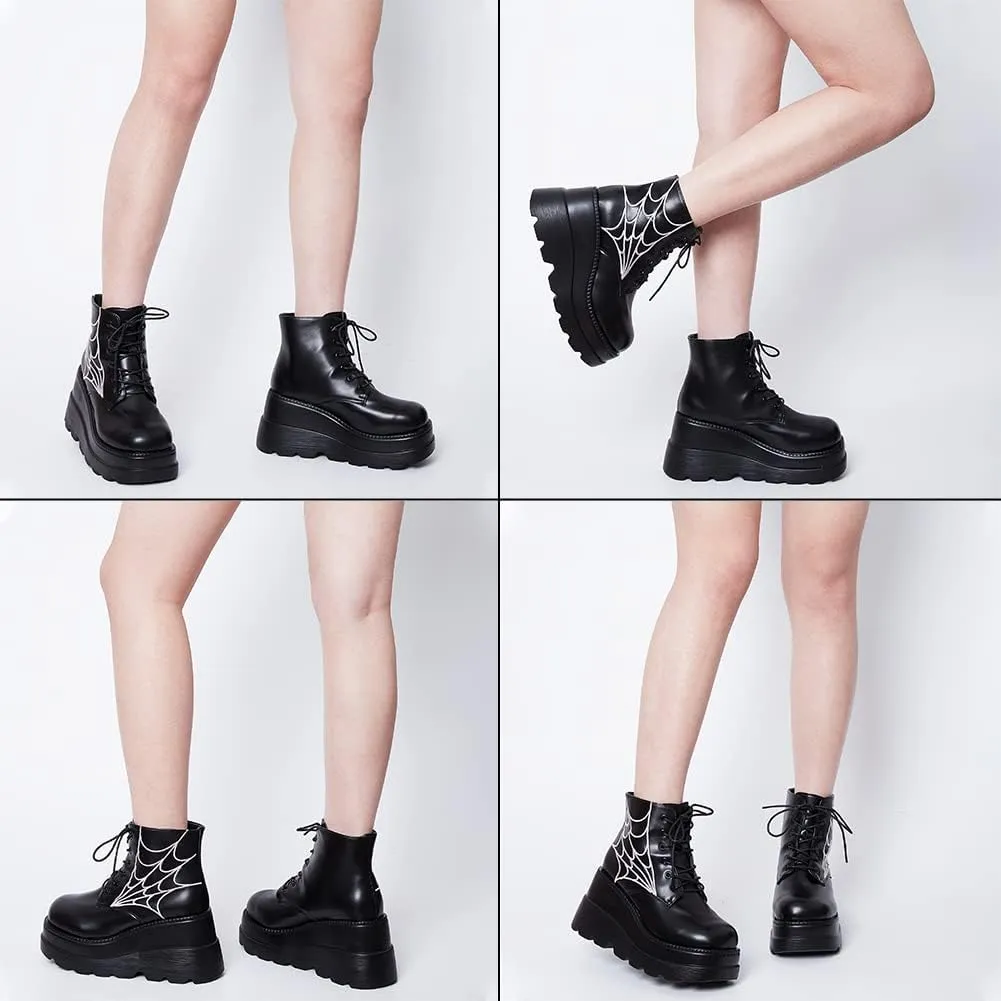 CELNEPHO Chunky Platform Boots for Women, Square Toe Lace up Zip High Heel Combat Wedge Ankle Boots