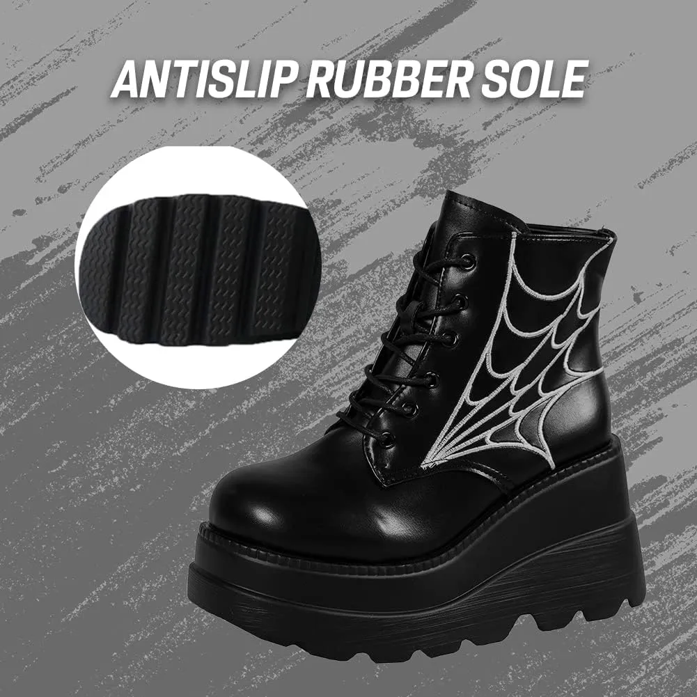 CELNEPHO Chunky Platform Boots for Women, Square Toe Lace up Zip High Heel Combat Wedge Ankle Boots