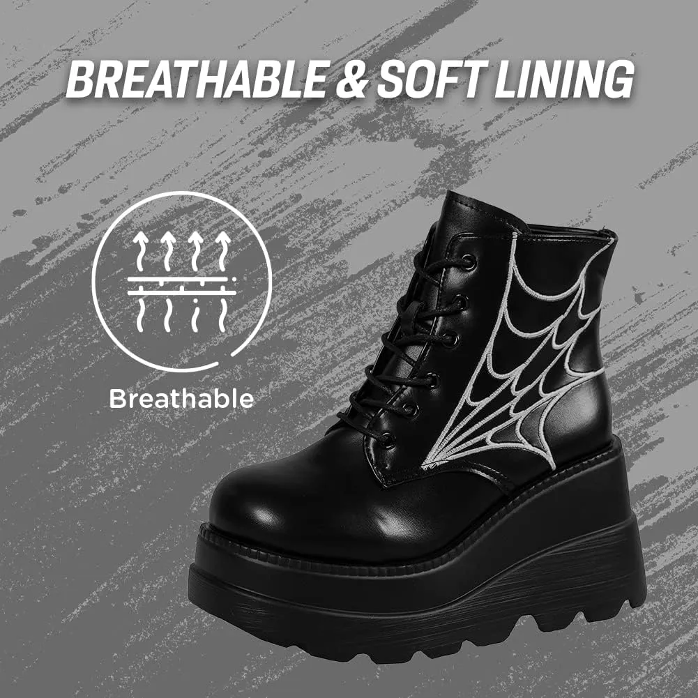 CELNEPHO Chunky Platform Boots for Women, Square Toe Lace up Zip High Heel Combat Wedge Ankle Boots