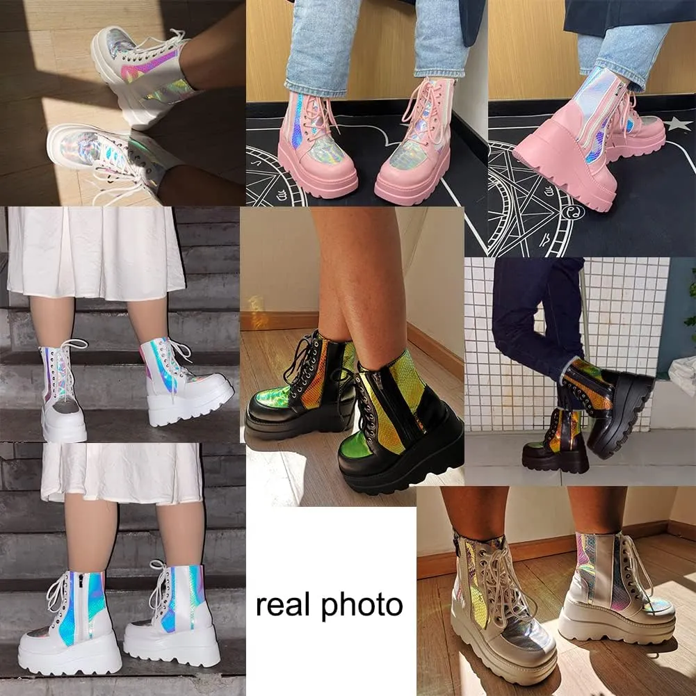 CELNEPHO Chunky Platform Boots for Women, Square Toe Lace up Zip High Heel Combat Wedge Ankle Boots
