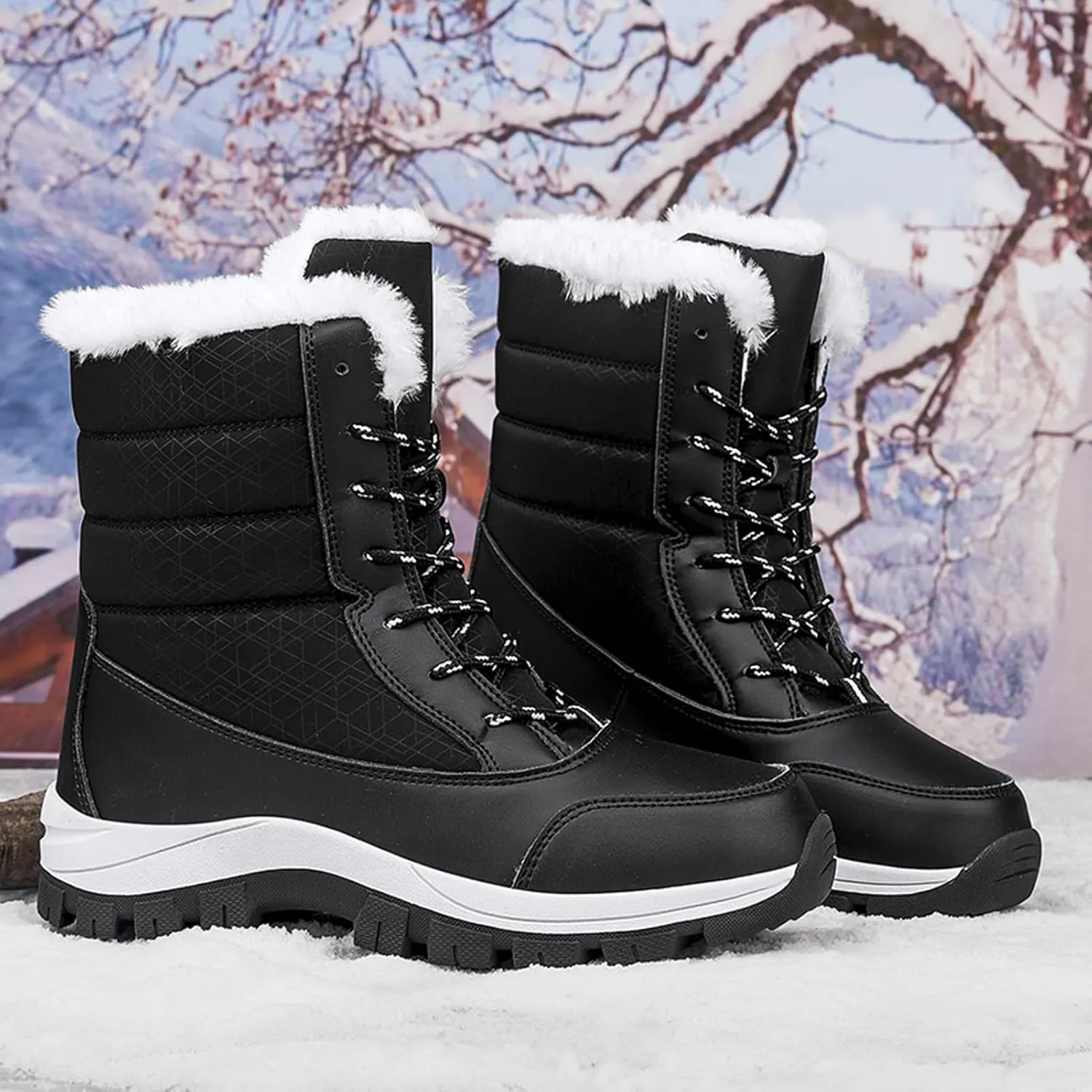 CERYTHRINA Womens Waterproof Booties Lightweight Winter Fur Lined Walking Boots Anti-Slip Outdoor Snow Boots