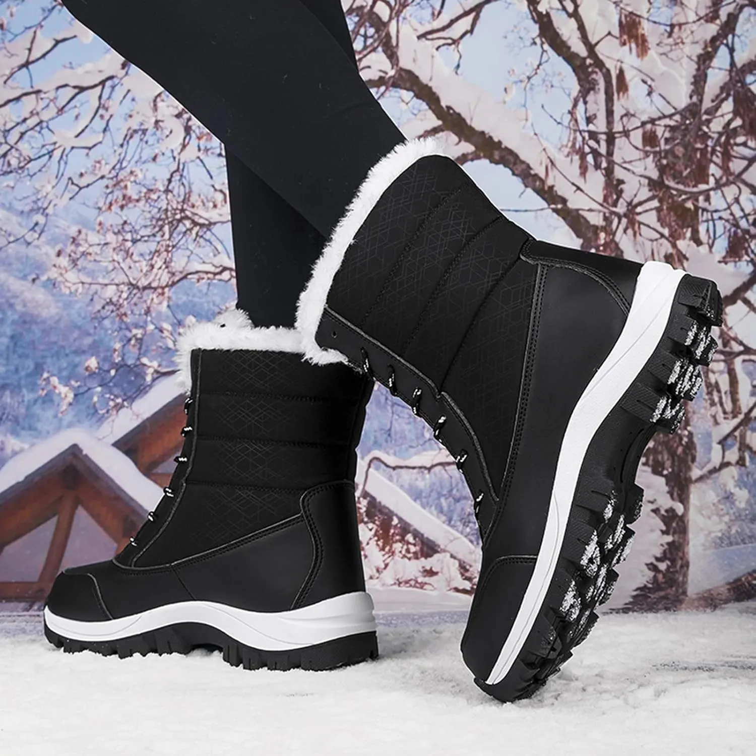 CERYTHRINA Womens Waterproof Booties Lightweight Winter Fur Lined Walking Boots Anti-Slip Outdoor Snow Boots