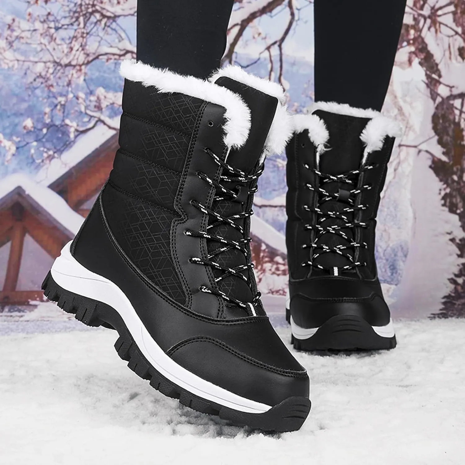CERYTHRINA Womens Waterproof Booties Lightweight Winter Fur Lined Walking Boots Anti-Slip Outdoor Snow Boots