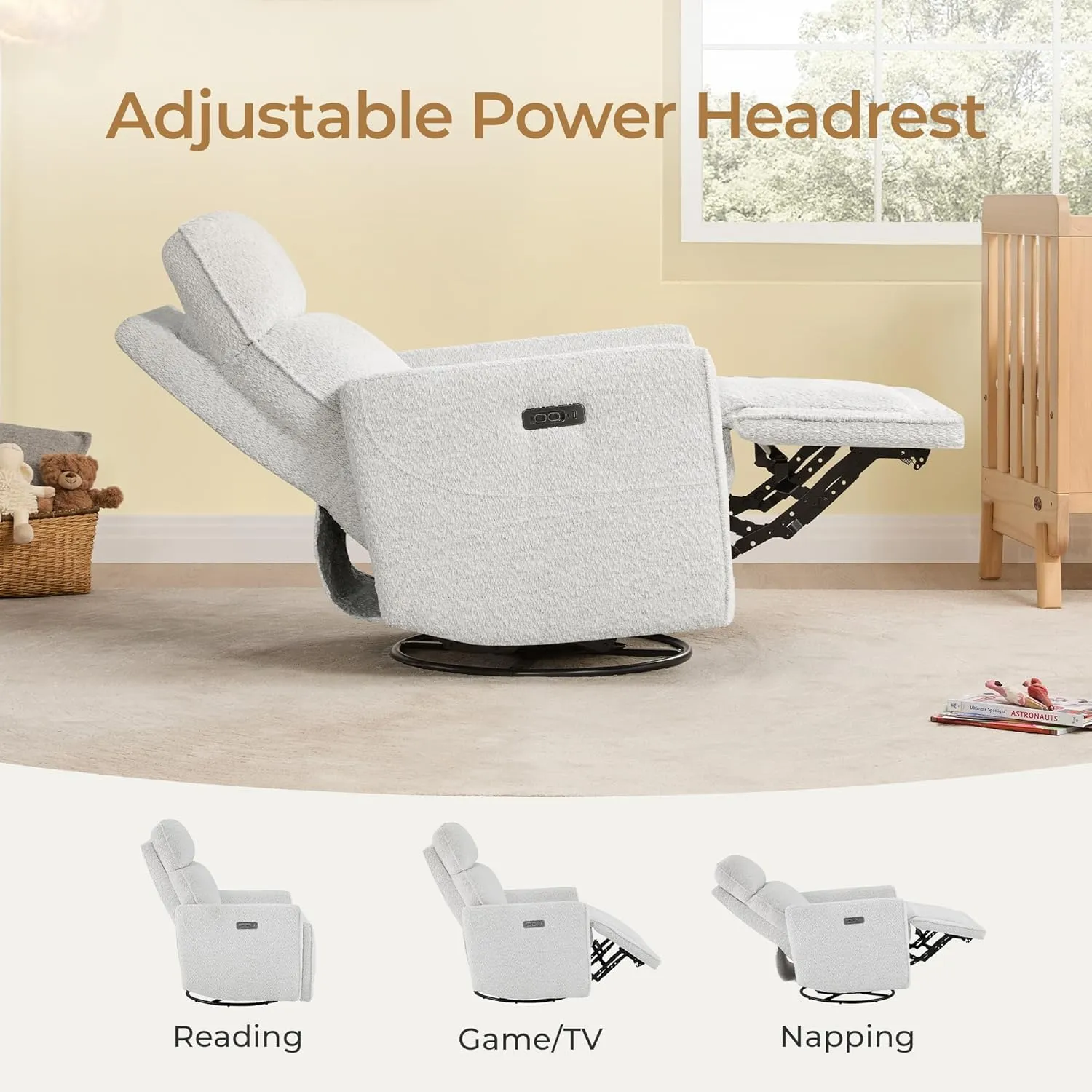 CHITA Electronic Power Recliner Chair Swivel Glider, FSC Certified Modern Nursery Rocking Chair with USB and Type-C Ports, Boucle White
