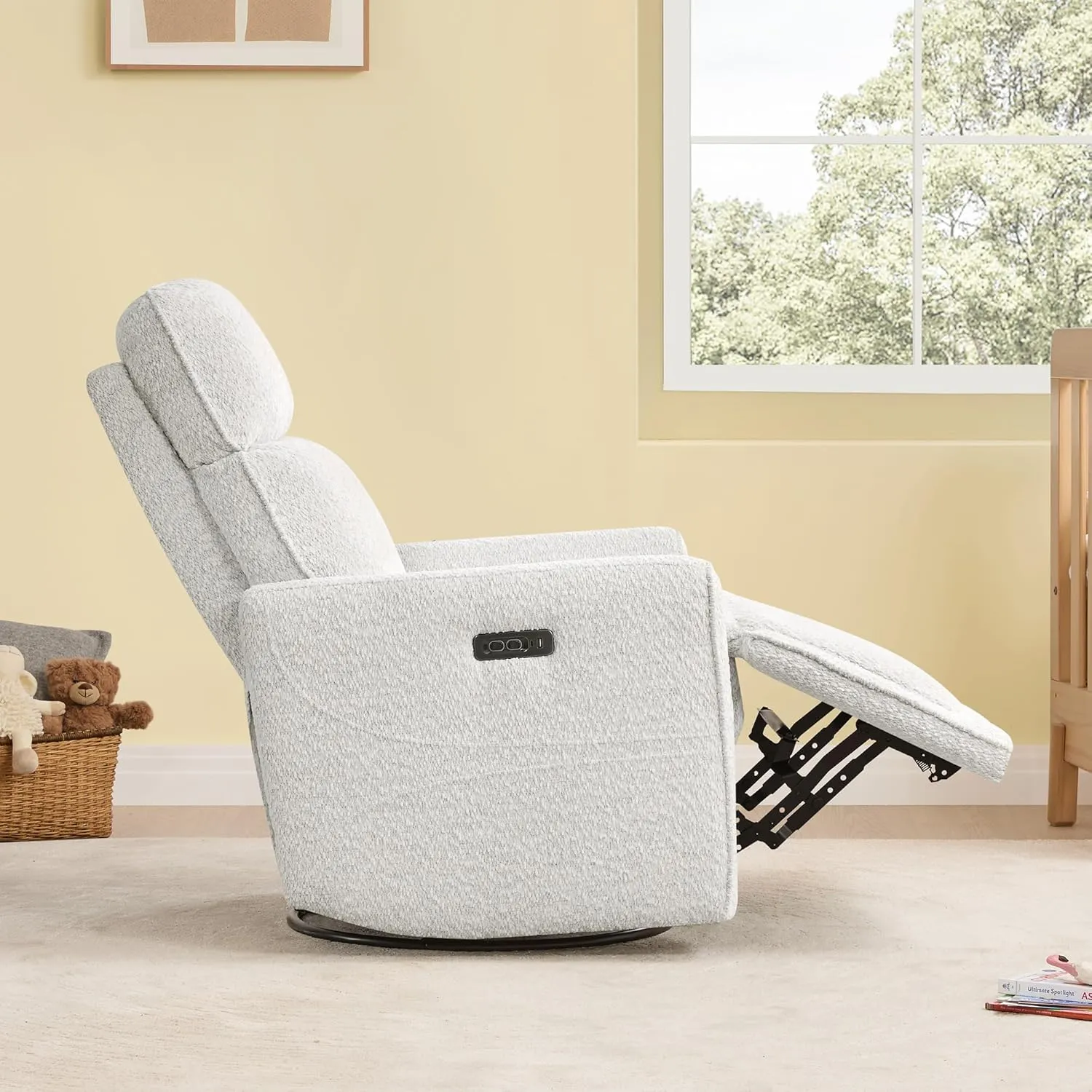 CHITA Electronic Power Recliner Chair Swivel Glider, FSC Certified Modern Nursery Rocking Chair with USB and Type-C Ports, Boucle White