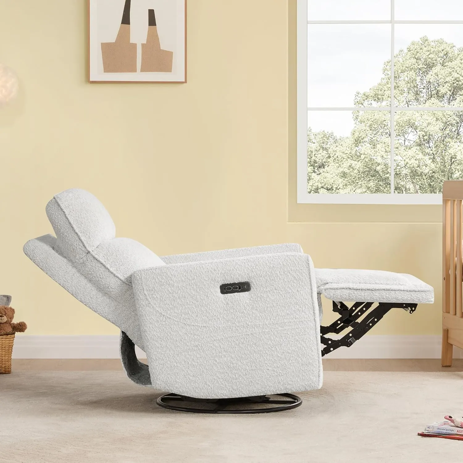 CHITA Electronic Power Recliner Chair Swivel Glider, FSC Certified Modern Nursery Rocking Chair with USB and Type-C Ports, Boucle White