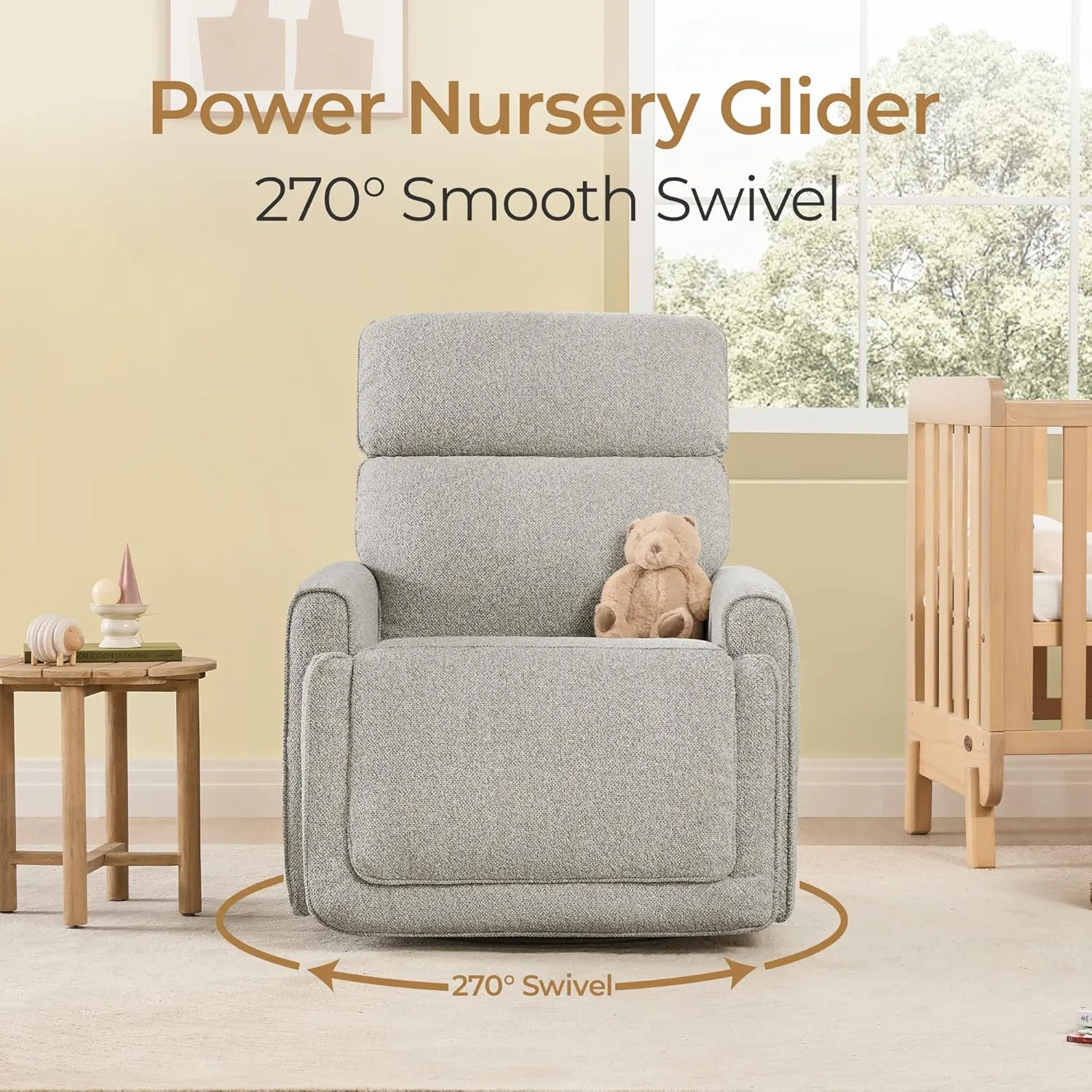 CHITA Electronic Power Recliner Chair Swivel Glider, FSC Certified Modern Nursery Rocking Chair with USB and Type-C Ports, Light Grey