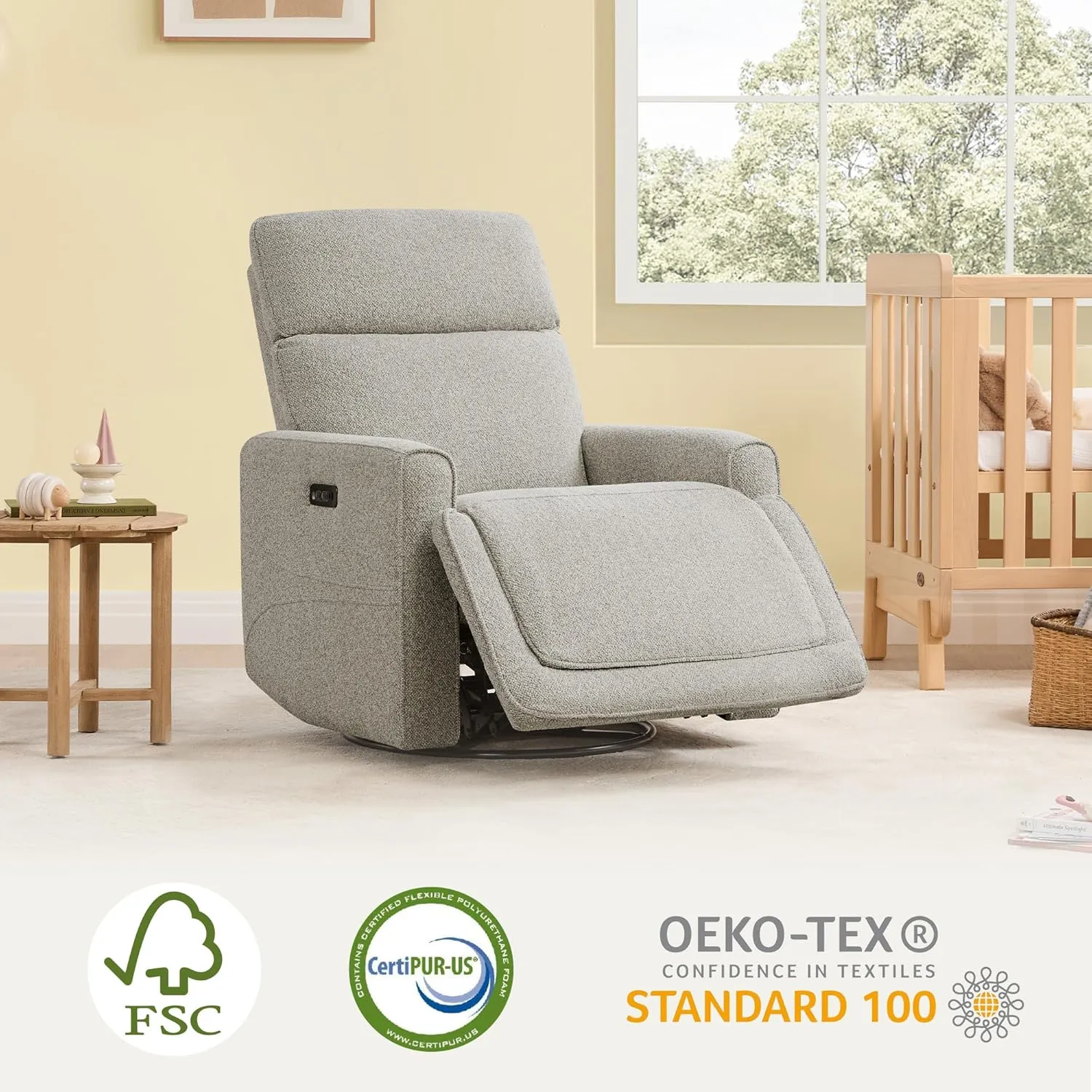 CHITA Electronic Power Recliner Chair Swivel Glider, FSC Certified Modern Nursery Rocking Chair with USB and Type-C Ports, Light Grey